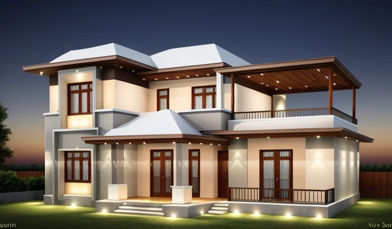  Realistic, hyper detail, 1 morden house, 1 road infront of the house, night light, light from indoor:1.3, few red flower, main maerial about white wall and wooden cladding
