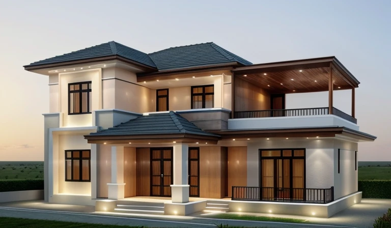  Realistic, hyper detail, 1 morden house, 1 road infront of the house, night light, light from indoor:1.3, few red flower, main maerial about white wall and wooden cladding