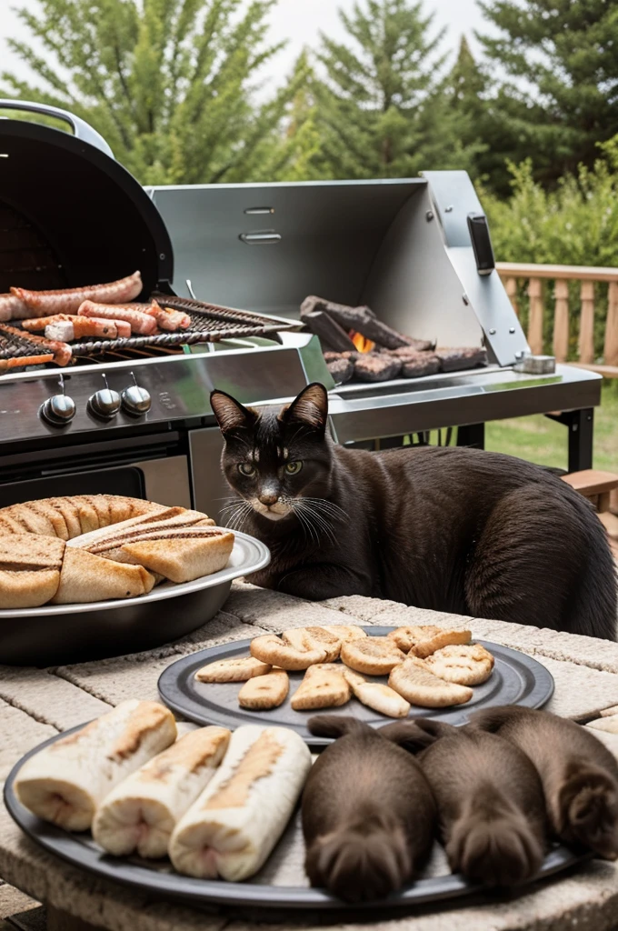 A cat and his family are going to share a barbecue with a dog for celebrating friendship.