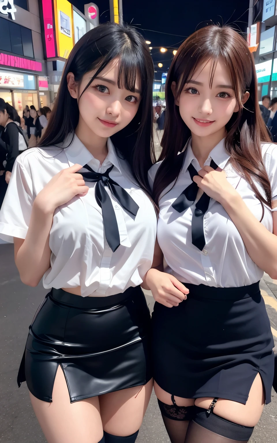 Captivate the audience with your legs、Lure、Lureのポーズ、Sexy pose、Sexy thighs、High angle shot、Center View、Standing in the neon city at midnight、White short sleeve shirt、Two arabian asian women in satin shimmies、Superior:1.2、Lureの表情:1.3、Medium Chest、Breast enlargement、Amazingly cute girl、Japanese Girls、Wearing lace slip shimmy、Surreal 、Surreal 、 Temporarily stop、Whole Body Ezbian、Nice skin、Glowing Skin、Nice thighs、Shiny thick knee socks、Japanese High School 、Nogizaka Idol、(Japanese High Schoolの)、Please put it inside、Inviting eyes、White blouse、Dark Blue Skirt、Black Stockings