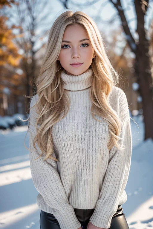 1 gorgeous blonde woman with long wavy hair wearing a wool turtleneck sweater and black tight pants, 23 ans, illustrating a Snow Day Fun: Who's Your Snowball Fight Rival? flirts with the camera, canon 85 mm, Light depth of field, Kodak Ektar 200, perfect fit body, extreme details ,UHD