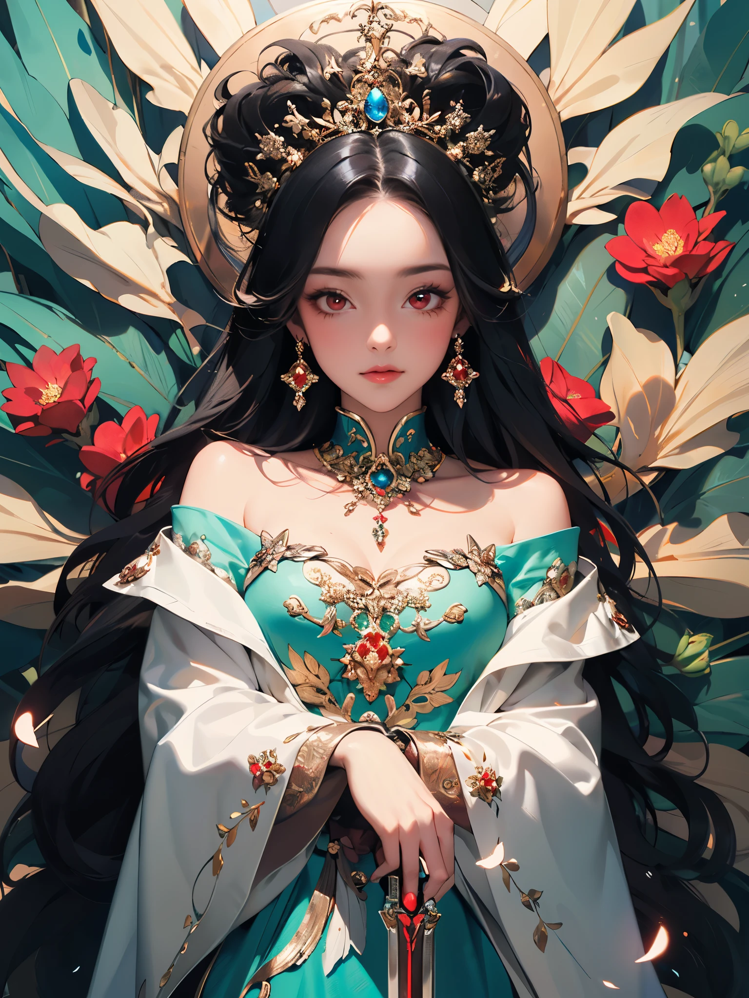 1girl, exaggerated off-shoulder peacock dress, divine lighting, maximalist decoration, flower walls, super details, ((best quality)), ((masterpiece)), black hair, carrying a red sword, shiny red eyes, exuding an aura of authority, beautiful and graceful, 