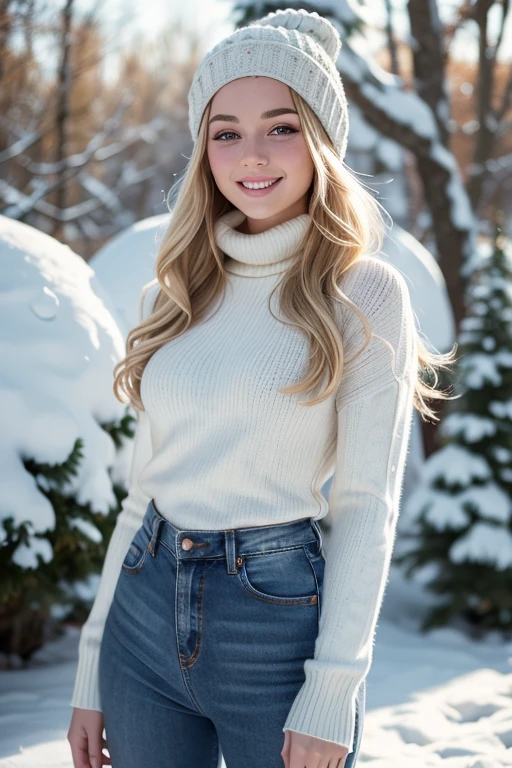 UHD, masterpiece, 1 gorgeous blonde woman with long wavy hair wearing a wool turtleneck sweater, a bonnet on the head and tight jeans pants, 23 years old, she’s a playboy magazine model, (throwing snowballs:1.0), having a great fun playing Snowball Fight, smile, happiness, canon 85 mm, Light depth of field, Kodak Ektar 200, perfect fit body, extremly detailed, Kodak gold 200