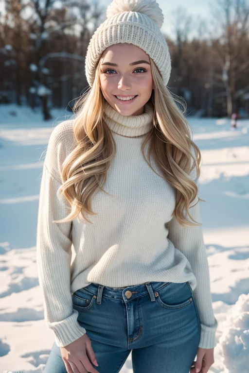 UHD, masterpiece, 1 gorgeous blonde woman with long wavy hair wearing a wool turtleneck sweater, a bonnet on the head and tight jeans pants, 23 years old, she’s a playboy magazine model, (throwing snowballs:1.0), having a great fun playing Snowball Fight, smile, happiness, canon 85 mm, Light depth of field, Kodak Ektar 200, perfect fit body, extremly detailed, Kodak gold 200