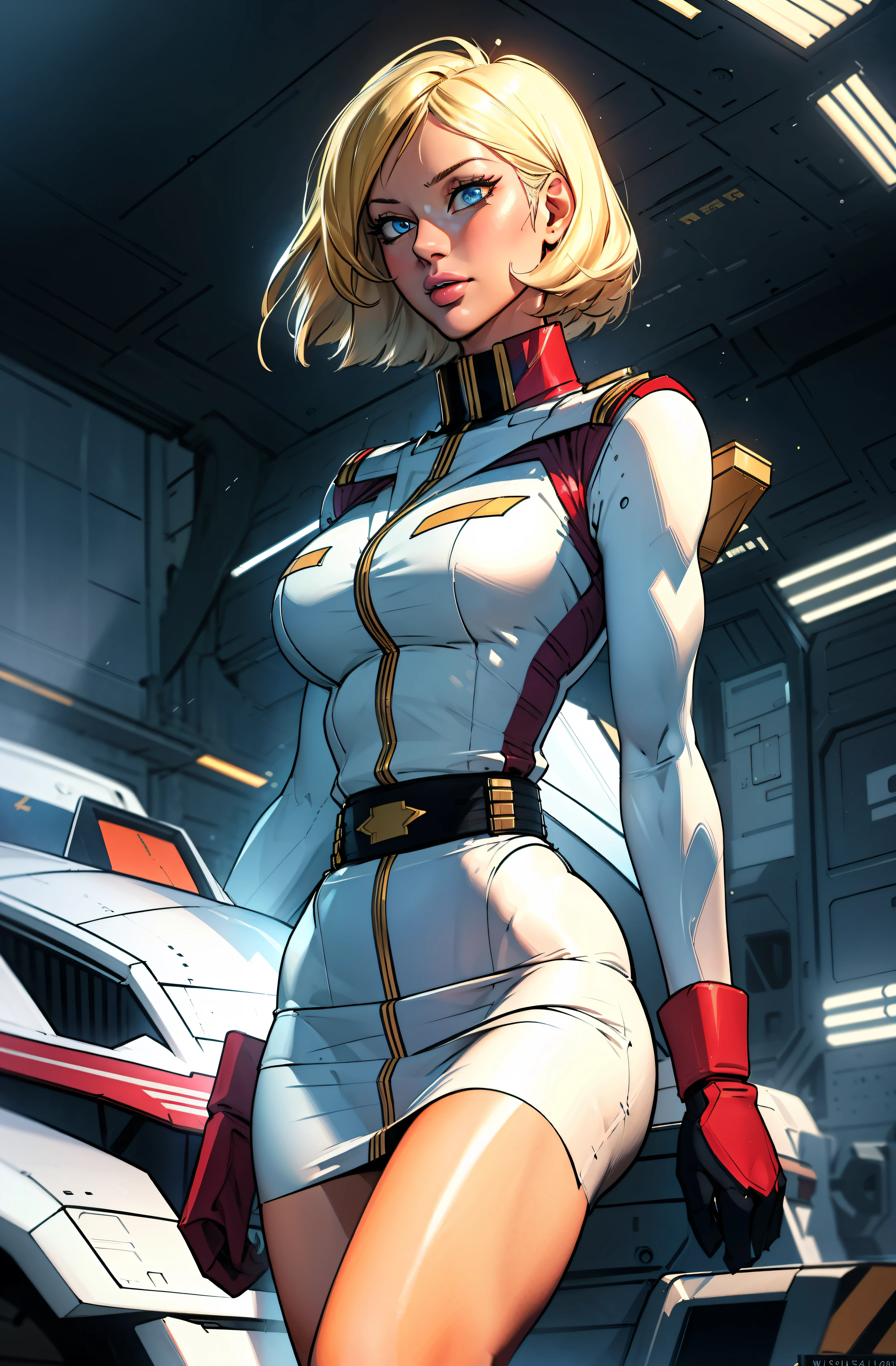 ((masterpiece)), ((cinematic lighting)), realistic photo、Real Images、Top image quality、1girl in, sayla mass, Elegant, masterpiece, Convoluted,Ultra mini skirt、wide hips, fit thighs, Best Quality, absurderes, high face detail, Perfect eyes, mature, Cowboy Shot, , Vibrant colors, White uniform, Skirt,