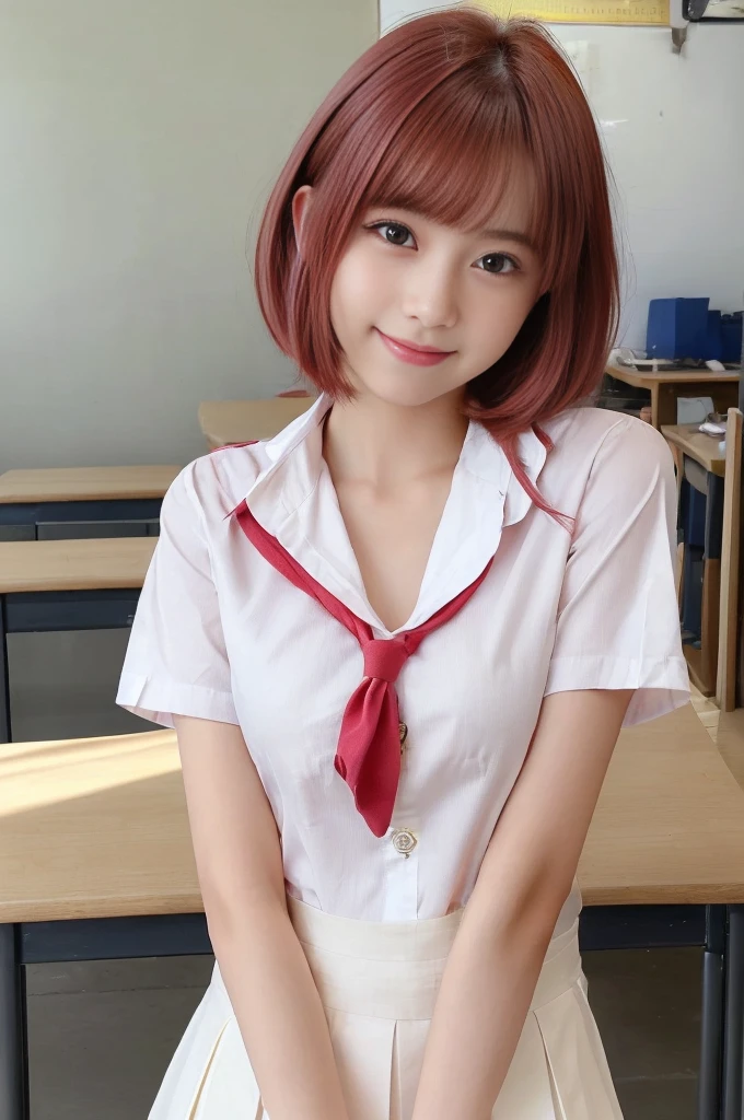 (best quality,4k,8k,highres,masterpiece:1.5),(ultra-detailed,realistic,photorealistic,photo-realistic:1.37),portrait,(looks ultra young Japanese girl,Incredibly Ultra Slim body:2.0),(cute breasts:1.25),(mesmerizingly beautiful face:1.5),(Close-up of her eyes:2.0+++),(striking features,ultra cute and idol-like big smile:1.5),(distinctly expressive ultra beautiful eyes:2.0),beautifully shaped eyebrows,captivating gaze,delicately curved 淡いpink lips,pink lips,natural rosy cheeks,vibrant charm,flawless and fair skin,subtle shading,realistic rendering,(She is wearing a summer junior high school uniform:1.5),(White shirt:1.5),(Pink ribbon:1.2).(She has dark red hair:1.5),(ultra short hair:1.5),gently swaying,golden rays of sunlight gently illuminating the scene,elegant and graceful posture,creating a tranquil and serene atmosphere. She's in the classroom.