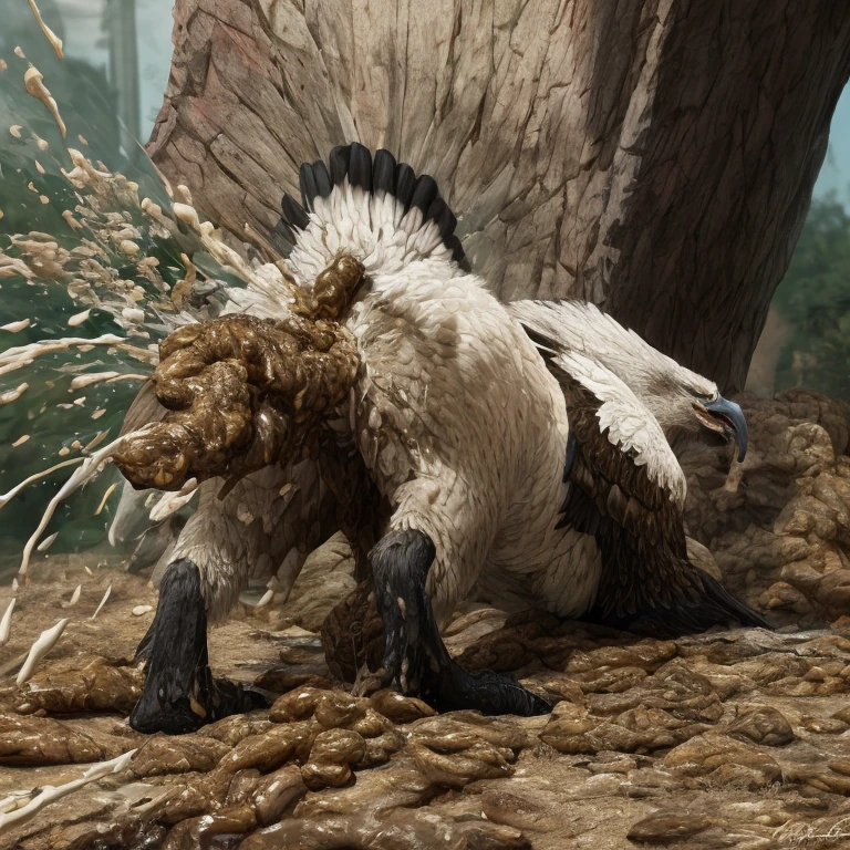 photorealistic, solo, (((( up, feral eagle, hyper excessive white feces, screaming)))), hyper realistic, cinematic colors, cinematic lighting, incredible detail, 16k resolution, award winning photography, ((((feral, rear view)))), ((((white feces, white scaxcessive white feces spatter on wall, projectile white feces, white scat exion)))), ((((rear view, ass up))))