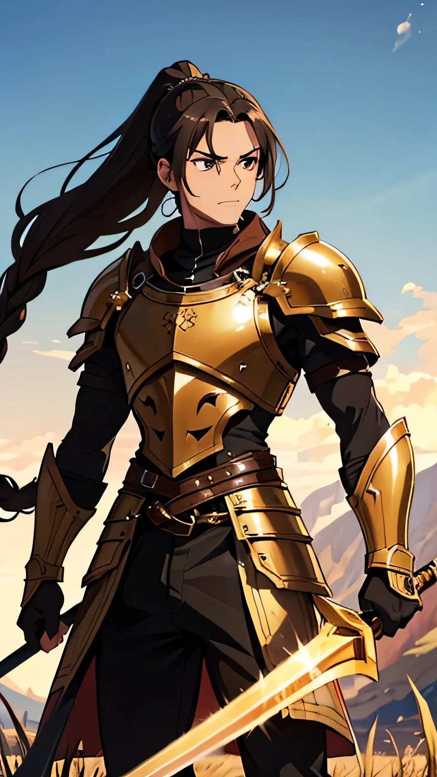 young man with light brown skin, light brown eyes, long black dreadlocked hair, black ponytail, strong physique, intense gaze, complete gold armor, Viking, attacks with a shiny golden sword, located in an abandoned European field.