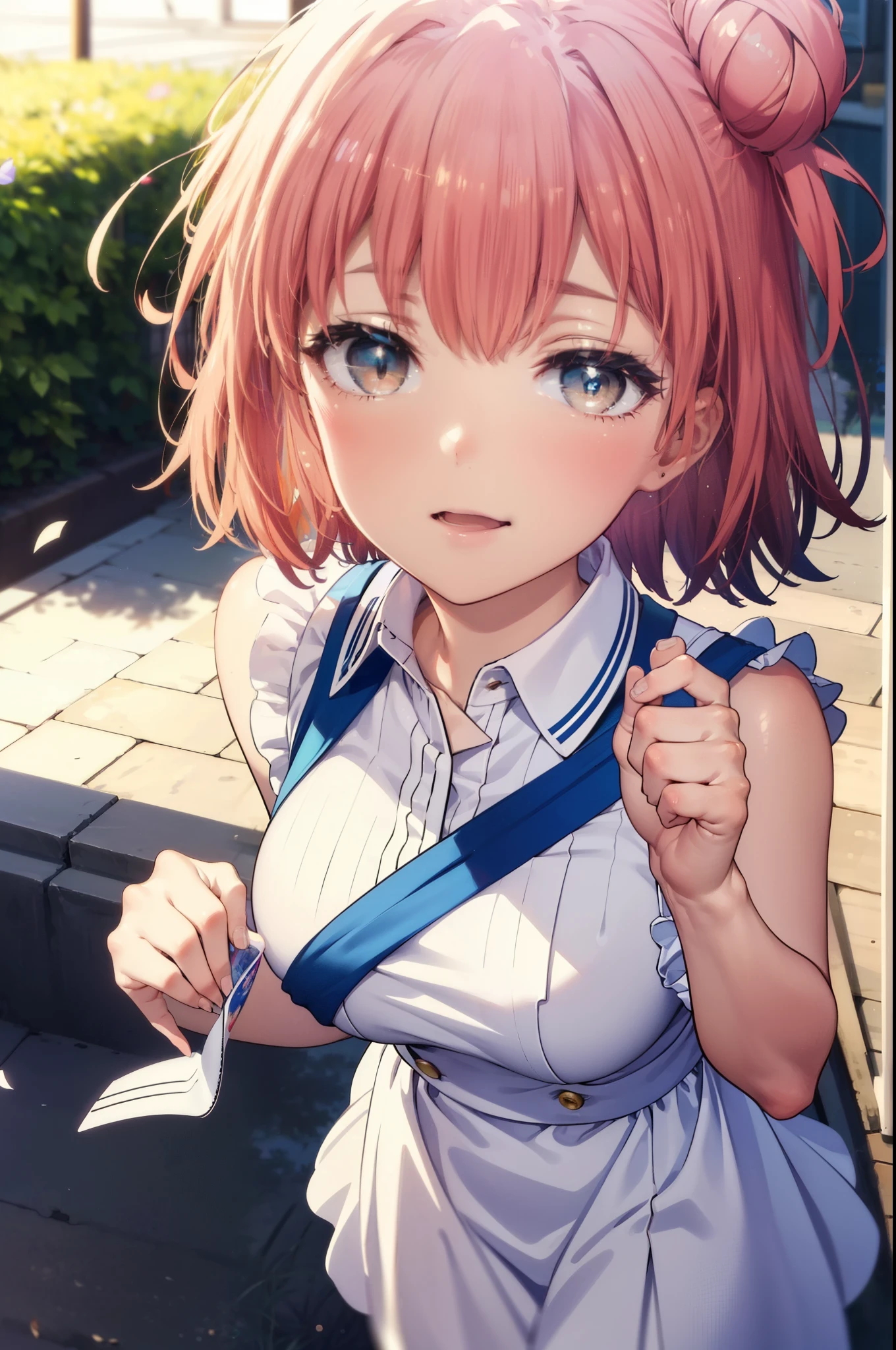 yuiyuigahama, yui yuigahama, short hair, (Brown eyes:1.5), (Pink Hair:1.2), Hair Bun, single Hair Bun, smile, (Big Breasts:1.2),happy smile, smile, Open your mouth,
, Sleeveless dress,Long skirt,Cute Sandals,walking,Real Summer,Daytime,sunny,whole bodyがイラストの中に入っていくように,
break outdoors ,School School building, break looking at viewer, whole body,
break (masterpiece:1.2), highest quality, High resolution, unity 8k wallpaper, (shape:0.8), (Beautiful and beautiful eyes:1.6), Highly detailed face, Perfect lighting, Highly detailed CG, (Perfect hands, Perfect Anatomy),