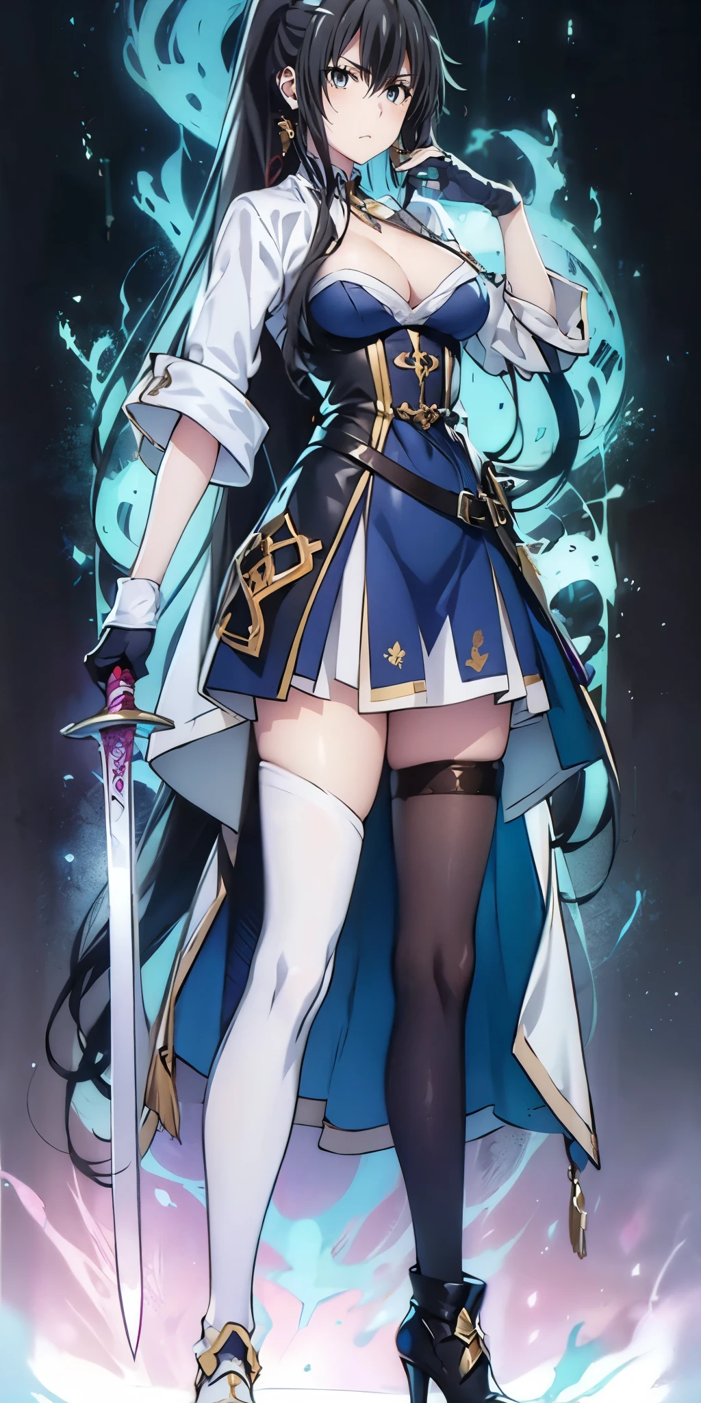 (black hair, long hair:1.3), yukinoshita yukino, curvy, ((anatomically correct:1.3)), heavy breathing, huge breasts, epic art, fantasy, breast press, 1girl, weapon, sword, thighhighs, solo, blue_eyes, breasts, full_body, ponytail, bangs, jewelry, standing, dress, holding_weapon, gloves, holding, short_dress, looking_at_viewer, earrings, long_hair, closed_mouth, cleavage, white_legwear, (shaded face:1.2), hollow eyes, grey eyes, looking at viewer, (heavy breathing:1.2), expressionless, glaring eyes, simple background,