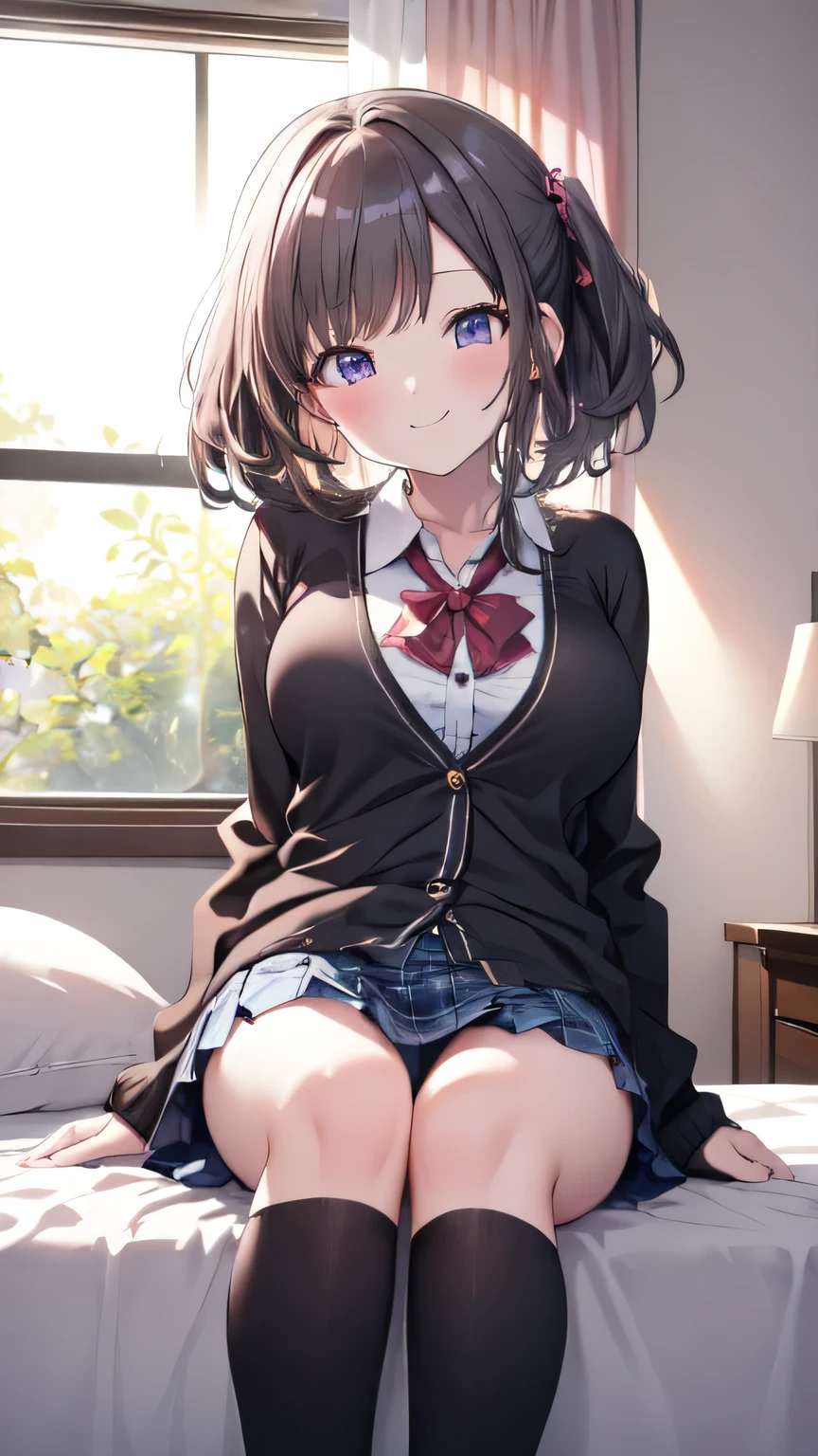 Very detailed、(8k, RAW Photos, highest quality, masterpiece:1.2), (Very detailed 8k wallpaper),shape、Professional Lighting,Sharp focus, Written boundary depth、
Browsing Caution、Clear Eyes、Perfect Anatomy、With a girl、、Black Hair、Big Breasts、(Wicked Smile)、(Light pink cardigan:1.2)、White collar shirt、bow tie 、Tartan check micro mini skirt、、、,、imminent kiss,(Accentuate your thighs:1.3)、Nap in bed、