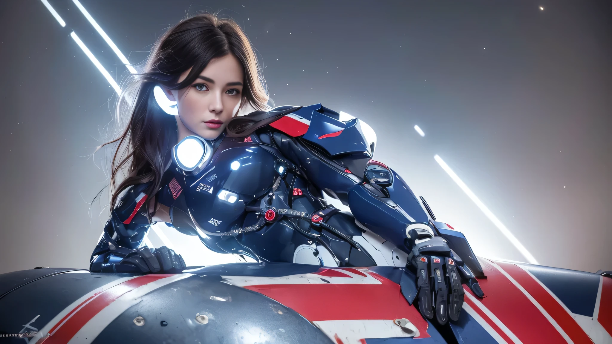 Cinematic scene, Australian oceanic cyborg robotic woman, (navy blue, red and white colors (inspired in Union Jack) and white South-cross constellation scene), (), beautiful Face, 1 Woman, Big, Curvaceous, (16k, RAW photo, top quality, masterpiece: 1.2), (HDR, Realistic, Photorealistic: 1.37) (tube attached to the body), (Bikini Cyborg robot parts)))), (navy blue (inspired in Union Jack) hair), Long hair, Wavy hair, Medium shot, ((Seductive smile)), (navy blue eyes), double eyelids, princess cut, from below, (whole body),posing,in the lab, (tube connected to blood vessel),((mechanical vertebrae attached to the back)),((mechanical neck attached to the neck)),(wire and cable attached to head and body),(character focus),science fiction,perfect female figure,perfect anatomy, hyperanatomy, full body shot, relationship between up to 4 fingers and 1 thumb, spherical joint, (volumetric cinematic navy blue, red and white colors (inspired in Union Jack) and white South-cross constellation enlighted scene)