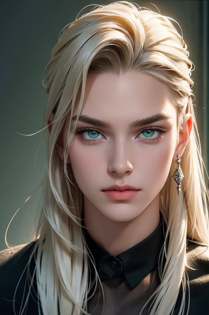 handsome, young man, thin, he has long straight platinum hair pulled back in a ponytail, long bangs, green eyes, he is dressed Rocker-style clothes. Masterpiece, detailed study of the face, beautiful face, beautiful facial features, perfect image, realistic shots, detailed study of faces, full-length image, 8k, detailed image. an extremely detailed illustration, a real masterpiece of the highest quality, with careful drawing.
