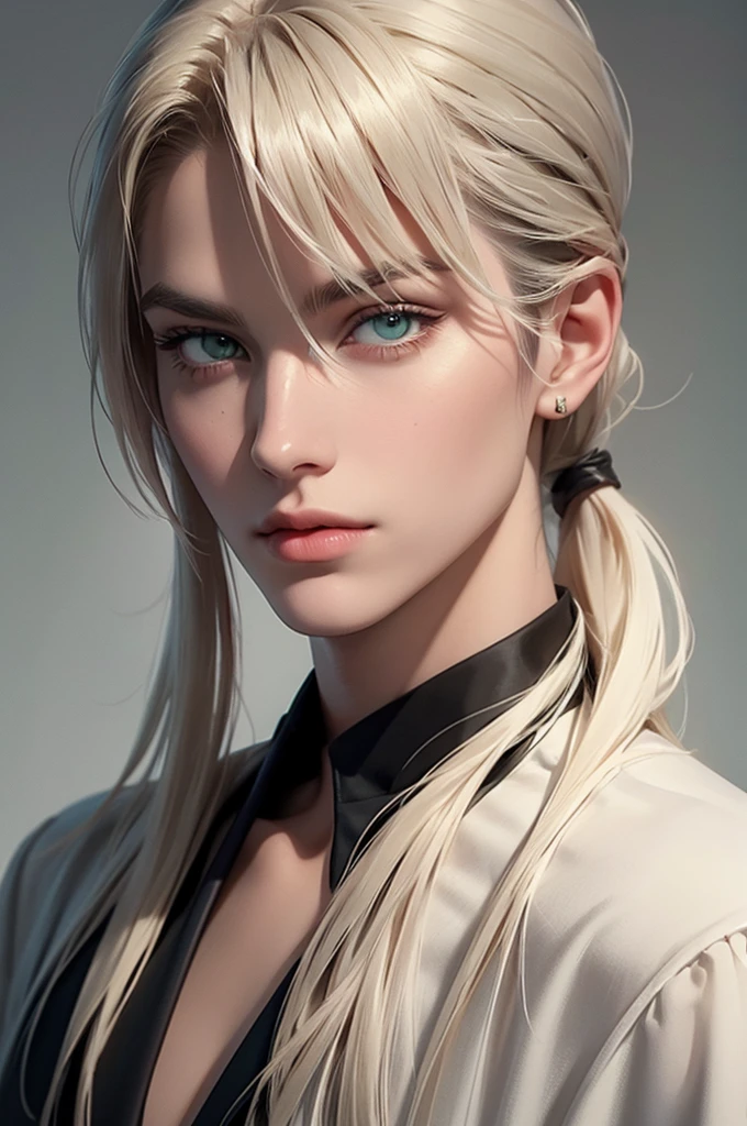  handsome, young man, thin, he has long straight platinum hair pulled back in a ponytail, long bangs, green eyes, he is dressed Rocker-style clothes.  Masterpiece, detailed study of the face, beautiful face, beautiful facial features, perfect image, realistic shots, detailed study of faces, full-length image, 8k, detailed image. an extremely detailed illustration, a real masterpiece of the highest quality, with careful drawing.