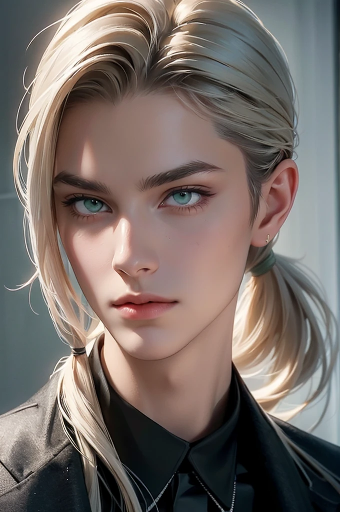 handsome, young man, thin, he has long straight platinum hair pulled back in a ponytail, long bangs, green eyes, he is dressed Rocker-style clothes. Masterpiece, detailed study of the face, beautiful face, beautiful facial features, perfect image, realistic shots, detailed study of faces, full-length image, 8k, detailed image. an extremely detailed illustration, a real masterpiece of the highest quality, with careful drawing.