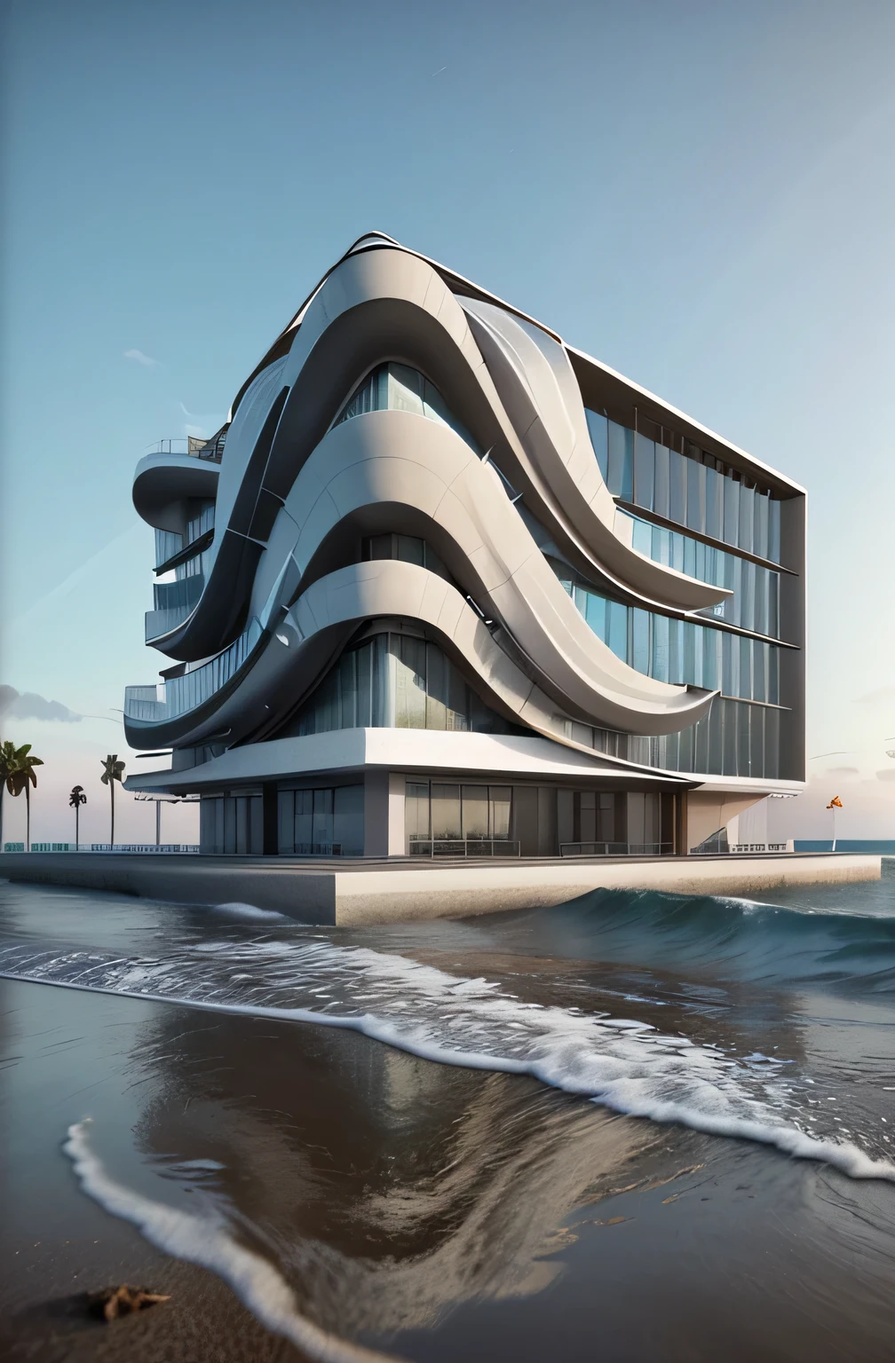 Professional 3d architecture rendering design of modern and minimal design for cinema building with waves shape 