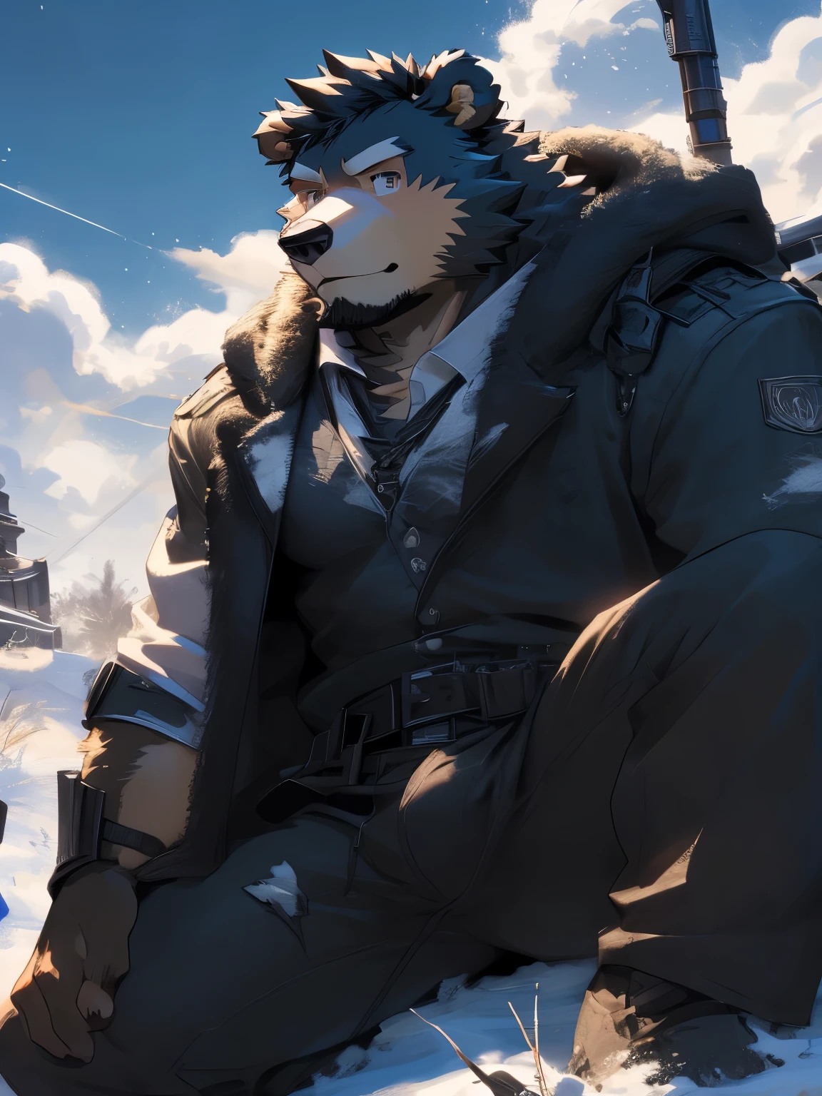 (Ultra Detailed),Clear focus,Detailed eyes,Brown eyes,hairy,(Black and white fur), black beard,Black Hair,human nature (Bear:1.3), male, Middle-aged and elderly people, brown body, White belly, muscular ,(Crotch bulge),Ultra Detailed的脸,(best quality), (masterpiece), High Detail,high quality,high resolution,16K,close up,(Wear only white),(Bright battlefield:1.3),majestic appearance,Overlooking,(Brown fur:1.3),((Damaged clothes:1.2))