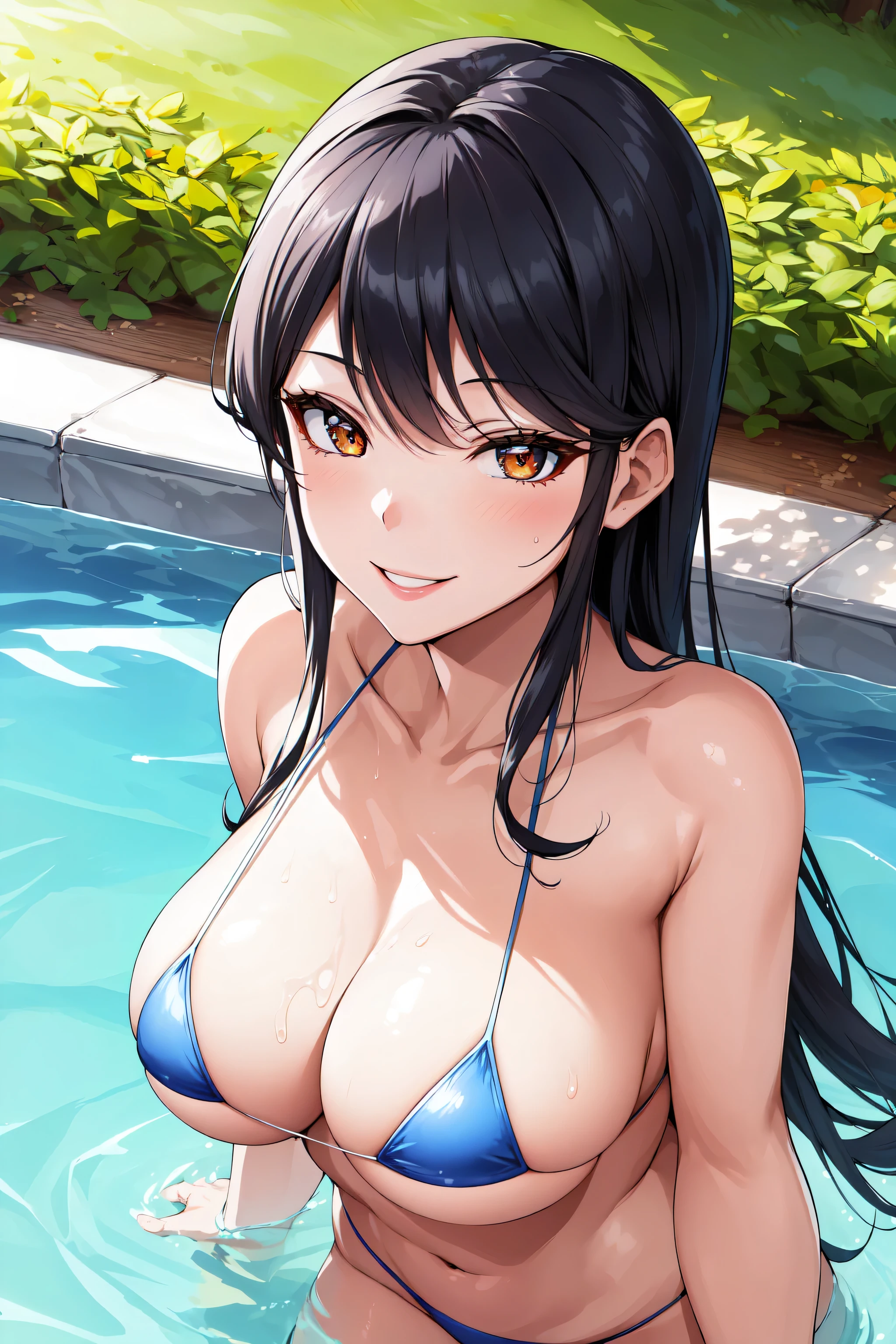 (8k, masterpiece), high resolution, high quality (best quality), komi shuuko, she is wearing a micro bikini, with a seductive look and smile, in a water park, sunlight, spectacular dynamic lighting, beautiful eyes, delicate face, detailed skin, detailed breasts, vivid colors,