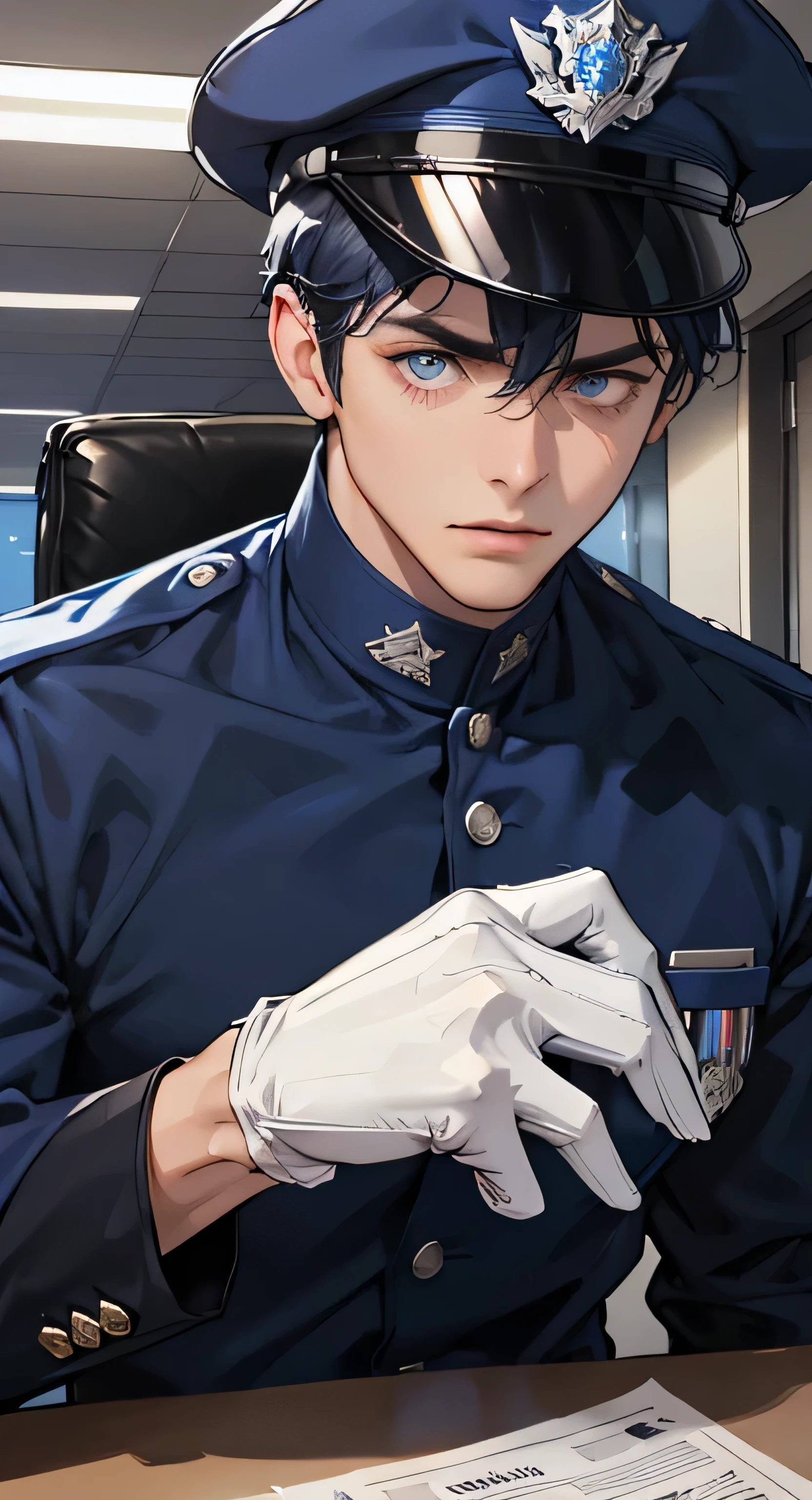 male people，robust，police personnel，blue uniform jacket，Inside is a black long-sleeved T-shirt，Wearing white gloves，Wearing a blue military cap，The expression is serious, office background, detailed background, best quality, high resolution, detailed representation of the face, detailed eyes, 4k ultrasharp, 8k high resolution, police officer, ,male, office background, sitting at the office, detailed eyes