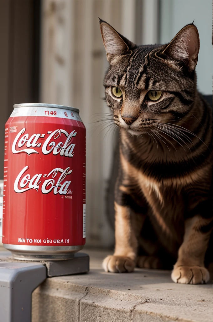 A cat is hissing, growling and looking angry at humans for a bunch of Coca-Cola cans' pack which he considers his property and he's going to defend.