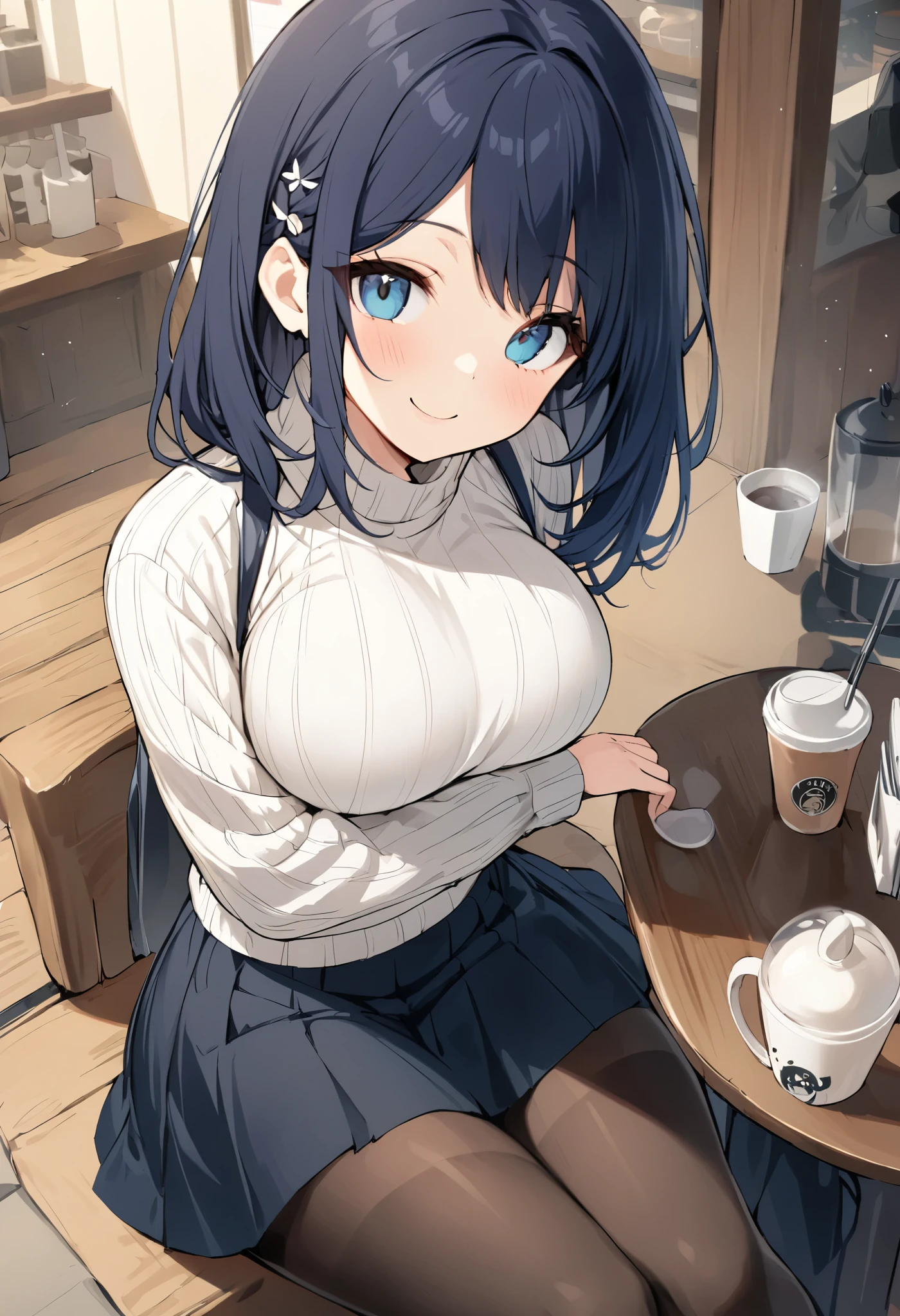 {highest quality}, {so beautiful}, {Very detailed}, {Best illustrations},girl,Female college student,White striped sweater,Black below-the-knee skirt,tights,Dark blue hair,((shoulder length hair:0.8)),White hairpin,Japanese-style cafe,((smile)),((alone)),big eye,large breasts
