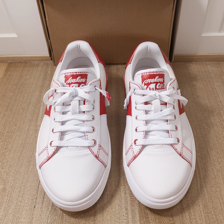 Cherry and white colored sneakers, they have to be shown for selling purposes 