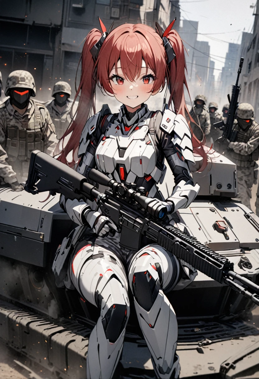 High quality, high definition, hig
h precision images,8k 1Girl Robot Girl、red hair,Twin tails,Red eyes、 ,( white and gray camouflage clothing ),,she wearing flashy robot armor.Holding a urban camouflage long range rifle,sit on a modern tank, smiles at the soldiers around him.
