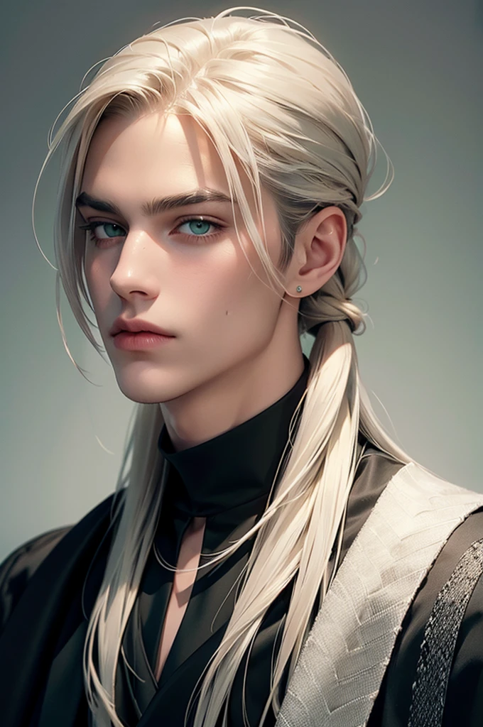 handsome, young male, thin, he has long straight platinum hair pulled back in a ponytail, long bangs, green eyes, he is dressed Rocker-style clothes. Masterpiece, detailed study of the face, beautiful face, beautiful facial features, perfect image, realistic shots, detailed study of faces, full-length image, 8k, detailed image. an extremely detailed illustration, a real masterpiece of the highest quality, with careful drawing.