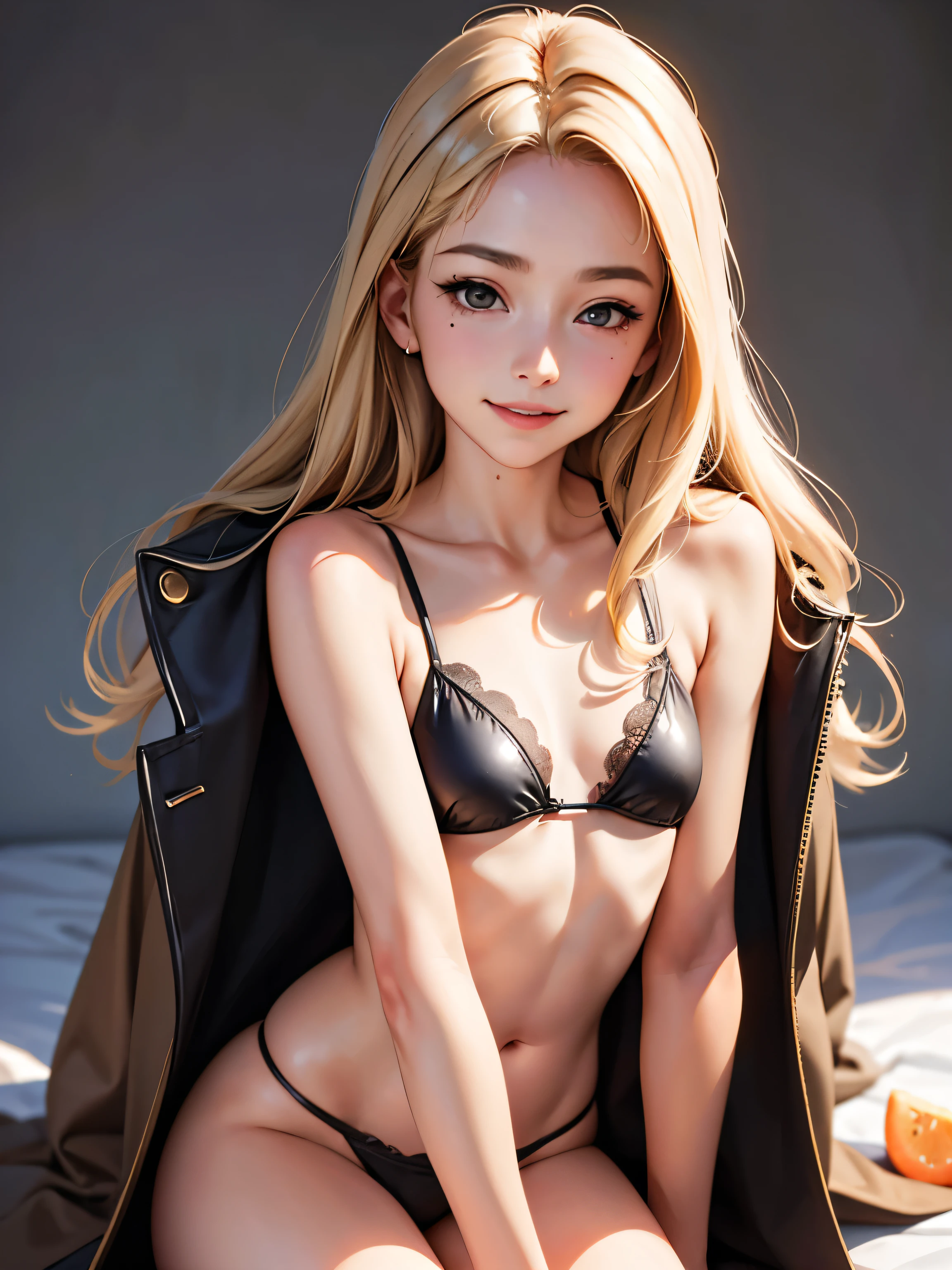 masterpiece, highest quality,Face-to-face audience, Upper body,Middle-aged women,Greek Goddess Attitude, Melon seed face, ((Long, narrow eyes)), Mole under the eye,Brown eyeball, Thin lips, Anorexia,blonde, Very long hair, Laugh with your mouth closed,40 year old mature woman, self-portrait, Simple Background,Thin legs,Close your eyes and smile,Swimwear,The happi coat is open