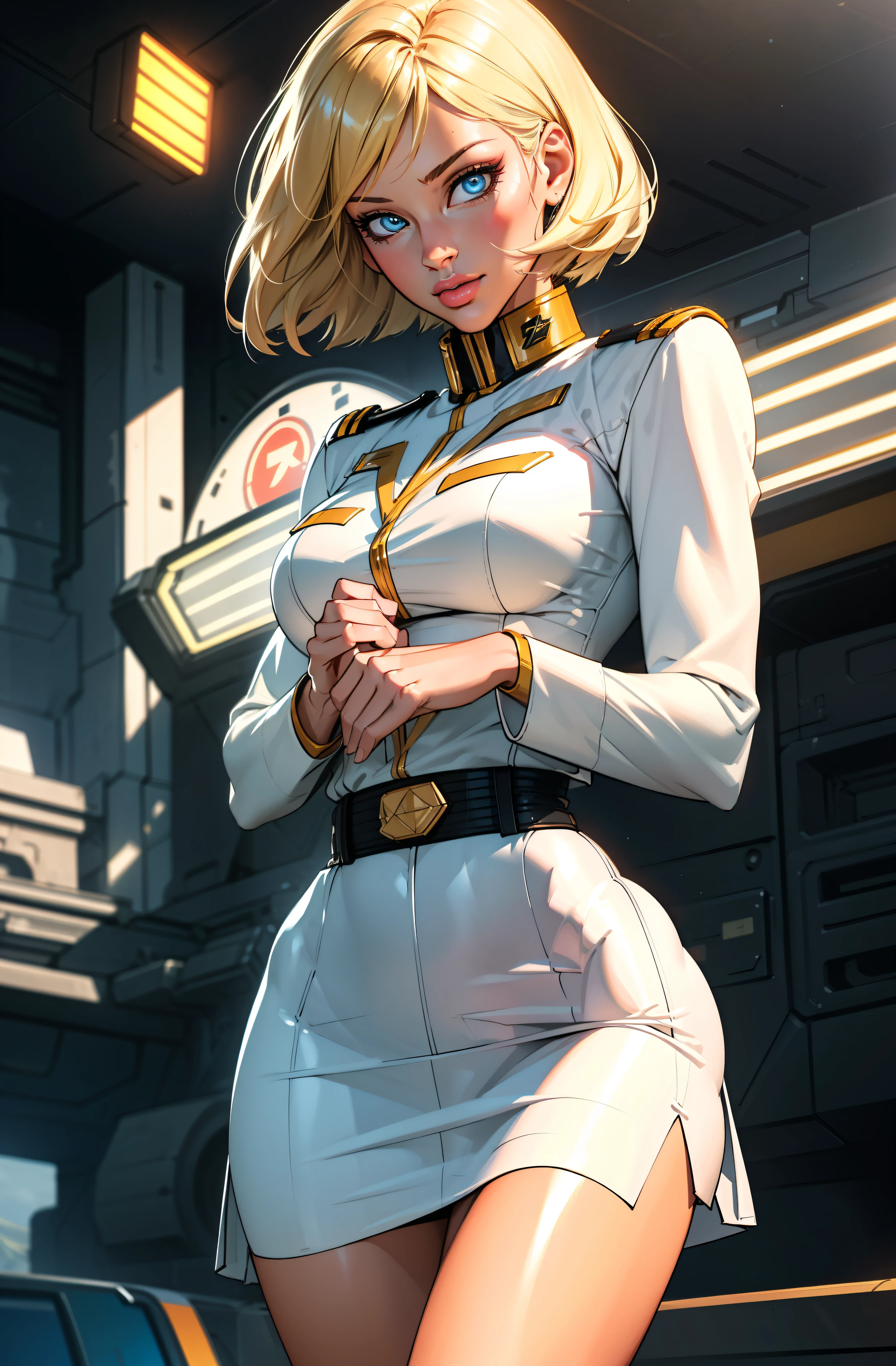 ((masterpiece)), ((cinematic lighting)), realistic photo、Real Images、Top image quality、1girl in, sayla mass, Elegant, masterpiece, Convoluted,Ultra mini skirt、wide hips, fit thighs, Best Quality, absurderes, high face detail, Perfect eyes, mature, Cowboy Shot, , Vibrant colors, White uniform, Skirt,