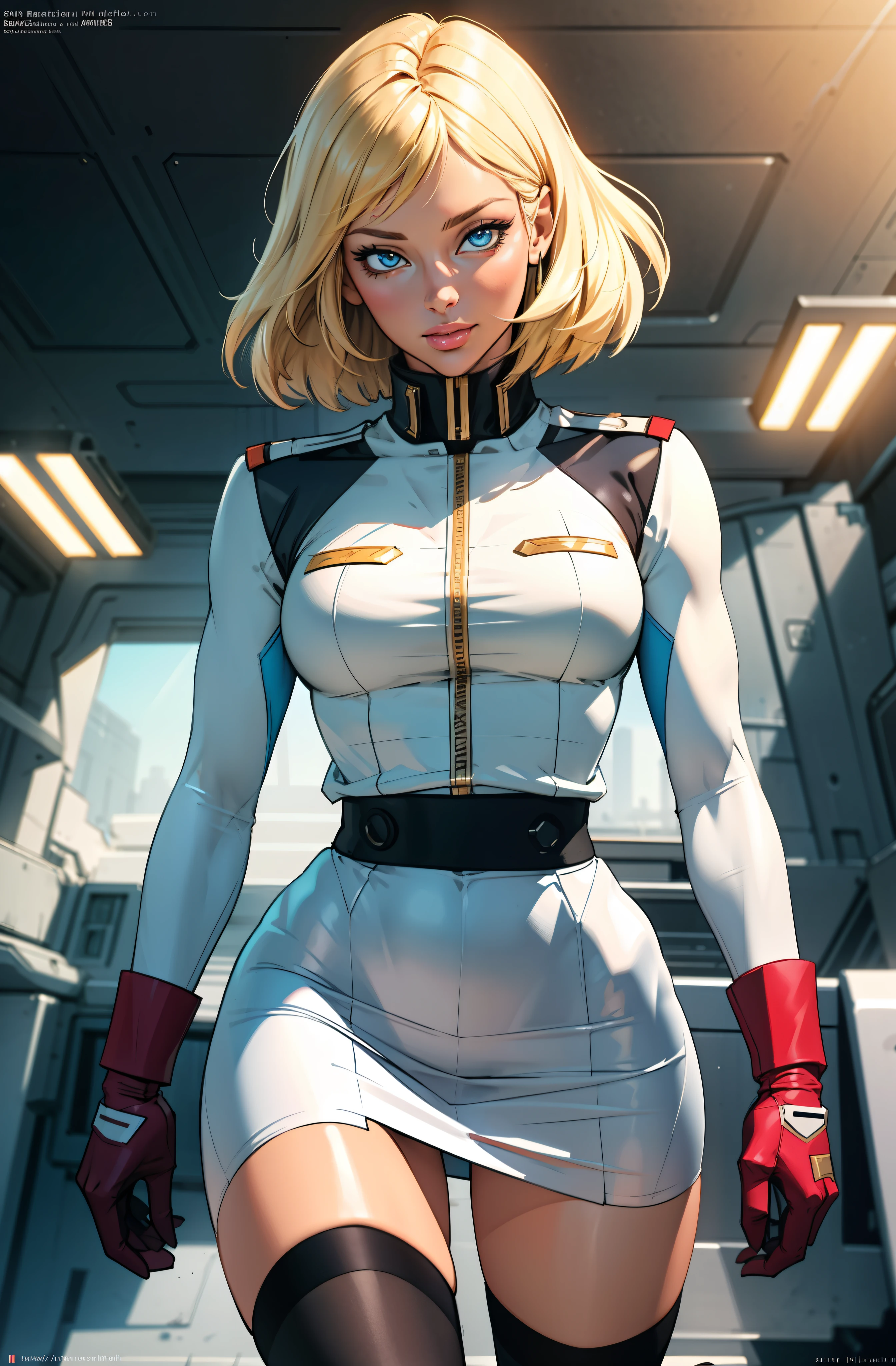 ((masterpiece)), ((cinematic lighting)), realistic photo、Real Images、Top image quality、1girl in, sayla mass, Elegant, masterpiece, Convoluted,Ultra mini skirt、wide hips, fit thighs, Best Quality, absurderes, high face detail, Perfect eyes, mature, Cowboy Shot, , Vibrant colors, White uniform, Skirt,