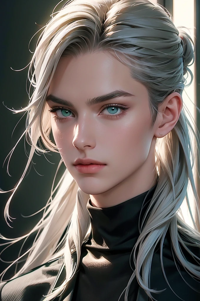 handsome, young male, thin, he has long straight platinum hair pulled back in a ponytail, long bangs, green eyes, he is dressed Rocker-style clothes. Masterpiece, detailed study of the face, beautiful face, beautiful facial features, perfect image, realistic shots, detailed study of faces, full-length image, 8k, detailed image. an extremely detailed illustration, a real masterpiece of the highest quality, with careful drawing. grey hair, green eyes, long hair, low ponytail.