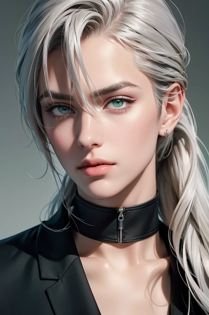 handsome, young male, thin, he has long straight platinum hair pulled back in a ponytail, long bangs, green eyes, he is dressed Rocker-style clothes. Masterpiece, detailed study of the face, beautiful face, beautiful facial features, perfect image, realistic shots, detailed study of faces, full-length image, 8k, detailed image. an extremely detailed illustration, a real masterpiece of the highest quality, with careful drawing. grey hair, green eyes, long hair, low ponytail.