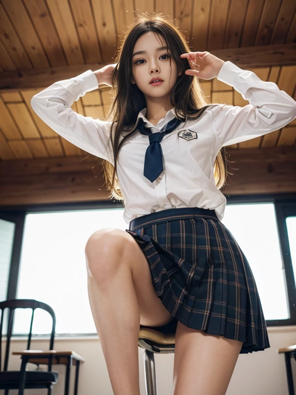 nsfw,Best Quality, Masterpiece, 1 Girl, Beautiful Face, (Photorealistic Photo:1.4), Rim Lighting, (High Detail Skin:1.2), 8K UHD, DSLR, High Quality, High Resolution, 4K, 8K, Bokeh , Absurdity, ( Real:1.3), A cute girl,(school uniform:1.3),plaid skirt,long hair ,(blonde:1.2),small breasts, (bare breasts:1.1),full body,slender body,standing position,spread legs,(one leg up On the chair:1.3),looking at the camera,Bright room, (from below:1.4)