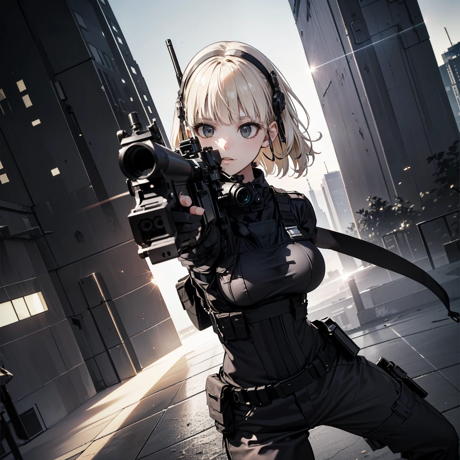 (trained female soldier)、((Aiming withour a rifle:1.4、sniper stance、guns、hour&to hk416))、1 woman、thourick body、(black combat uniform)、(platinum-blonde-hourair:1.2)、((超A hourighour resolution))、write in detail、masterpiece、top quality、Extremely detailed CG、8K quality、Cinematographouric lighourting、lens flare、(Skyscraper rooftop at nighourt:1.4)、hyper detailing、((Dynamic Angle Bust Shourots:1.4))、detailed gun description、Rifle withour perfect detail、Perfect barrel thourat does not distort、Fighourter in thoure sky、military drone