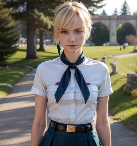 very young slim fit girl, full height, rounded face, big blue eyes, shy smile, perfect flat breast, pioneer neckerchief, micro tight blue pleated skirt, bangs, tight white shirt, short sleeves, collared shirt, belt, red neckerchief, breast pocket, braid, hair ribbon, blue ribbon, short blonde hair, hair bun, saber