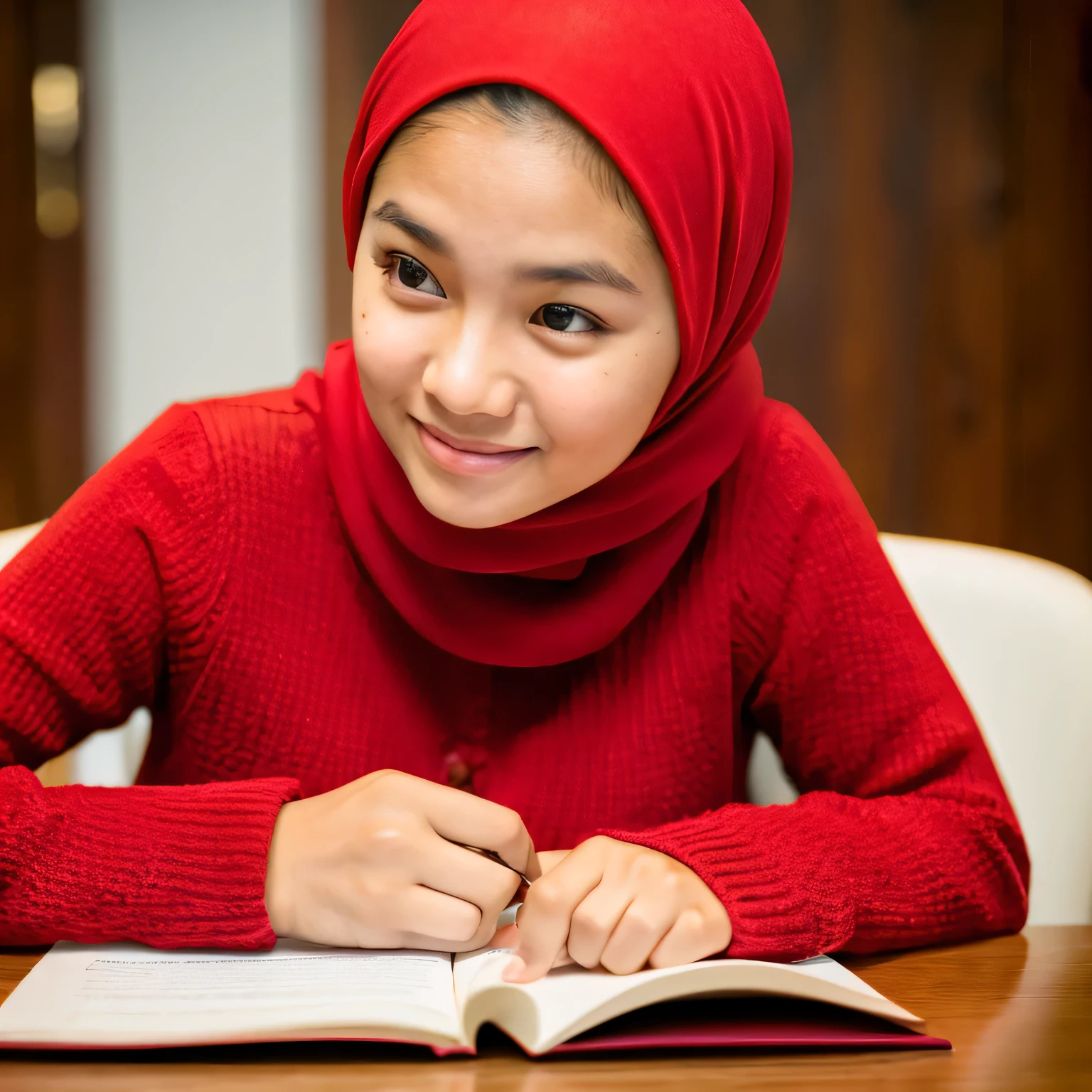 1 young malay girl in hijab, wearing red sweater, soft smile, blushing cheek, dining table, upper body shot, breast resting on table, hands on the table, (8k, RAW photo, best quality),