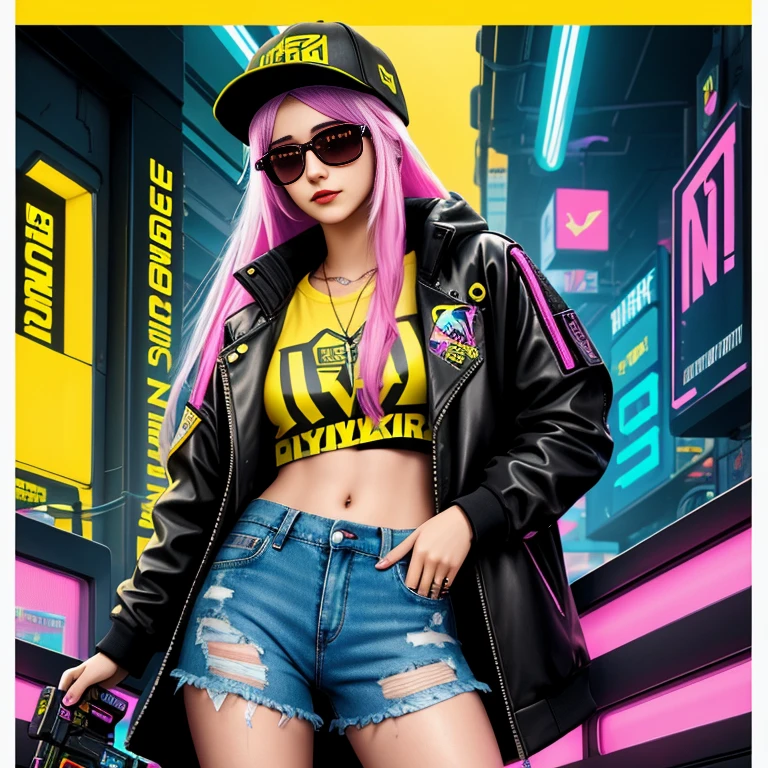 Pop Art style Cute female cyberpunk hacker in yellow glasses, jacket and hat with long white hair, half-shirt, ripped jeans, Cyberpunk 2077 poster . Bright colors, bold outlines, popular culture themes, ironic or kitsch 