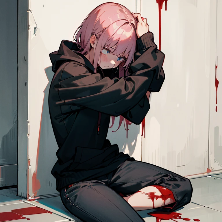 masterpiece, best quality, highres, 1girl, sitting, against wall,wearing pants,wearingblack hoodie, sleeves rolled up, cuts on arms,cuts bleeding,tears,sad,BLEEDING ALOT,BLEEDING ALOT FROM ARM!!!! BLOOD FROM CUTS ON ARM!!
