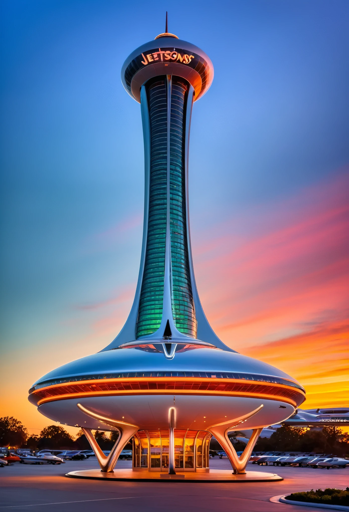  A vibrant, retro-futuristic Jetsons building with sleek curves and chrome accents, set against a sunset skyline, inspired by the art style of the original animated series.