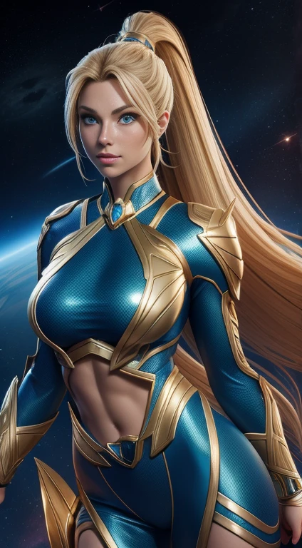 ( Masterpiece, 4k resolution, ultra-realistic, very detailed) a cool fighting of a Sexy superheroine long blonde hair ponytail glowing blue eyes wears a blue outfit gold shoulder pads gold bracelets revealing abs midriff a Z symbol on her chest portrait photography by artgerm, in the style of realism, glistening skin, cartooncore, mangacore, natural lighting, Defined full lips. Muscular fitness feminine body (In space)