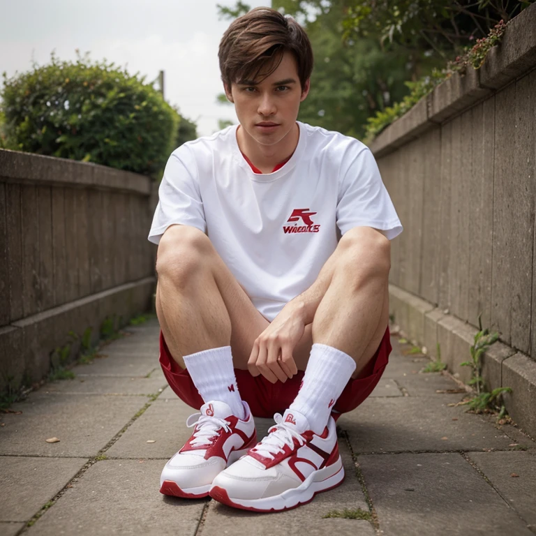 Hyper realistic guy wearing sneakers white and cherry colored, this photo is for marketing