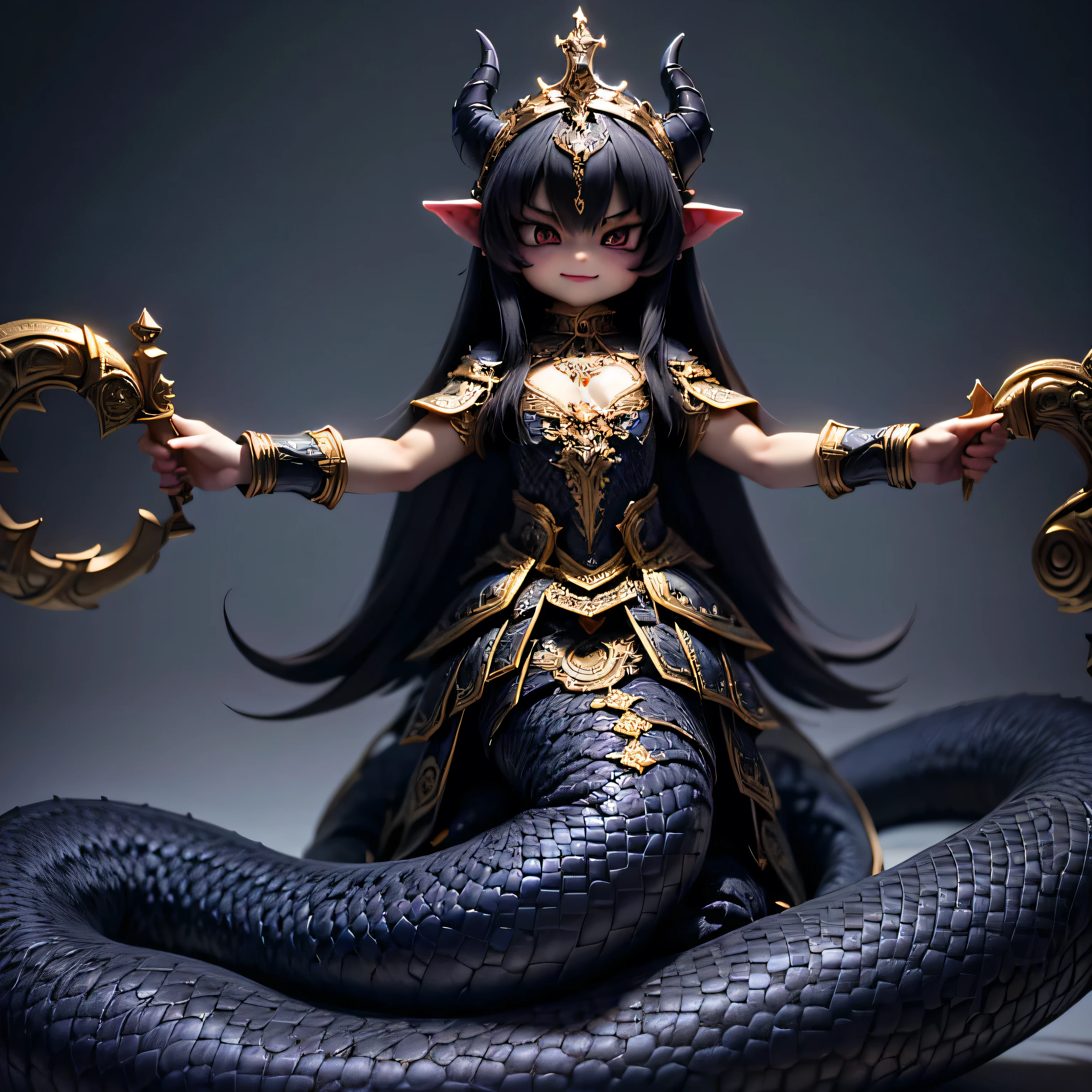 (superflat, flat shading),Queen Lamia\(Lovely,Kawaii,child,Unpleasant feeling,Black scales,Arrogant and sharp eyes,Intimidating Posture,Blue pattern on scales,Long fluffy black hair,Gold chain mail,bracelet,Arrogant on the throne,Evil smile,Savage style,very Lovely,Dynamic poses,\), rest ,Dark Fantasy,Dynamic wide viewing angle,whole body,High Angle,quality\(8k,Extremely detailed CG unit wallpaper, masterpiece,high resolution,top-quality,top-quality real texture skin,Surrealism,提high resolution,RAW photos,Best quality,Very detailed,wallpaper,Movie Lighting,Ray Tracing,Golden Ratio,\),Dynamic Angle