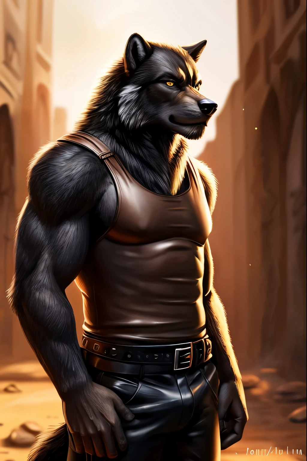 Masterpieces, furry, male, kinky, Anthropomorphic, full body, old age, rugged, twink, black wolf, feminine body type, Delicate eyes, white goatee, grizzled fur, glistening body, biker, thug, ebony skin, depth of field, warm lighting, bright lighting, (best quality),(masterpiece),(ultra detailed), sharp focus, wasteland background, fierce look, evil grins, scars, glossy, oiled up skin, black trousers, tight tanktop