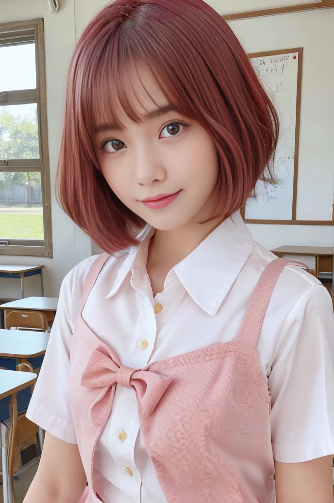 (best quality,4k,8k,highres,masterpiece:1.5),(ultra-detailed,realistic,photorealistic,photo-realistic:1.37),portrait,(looks ultra young Japanese girl,Incredibly Ultra Slim body:2.0),(cute breasts:1.25),(mesmerizingly beautiful face:1.5),((Close-up of her eyes:2.0)),(striking features,ultra cute and idol-like big smile:1.5),(distinctly expressive ultra beautiful eyes:2.0),beautifully shaped eyebrows,captivating gaze,delicately curved pale pink lips,pink lips,natural rosy cheeks,vibrant charm,flawless and fair skin,subtle shading,realistic rendering,(She is wearing a summer junior high school uniform:1.5),(White shirt:1.5),(Pink ribbon:1.2).(She has dark red hair:1.5),(ultra short hair:1.5),gently swaying,golden rays of sunlight gently illuminating the scene,elegant and graceful posture,creating a tranquil and serene atmosphere. She's in the classroom.