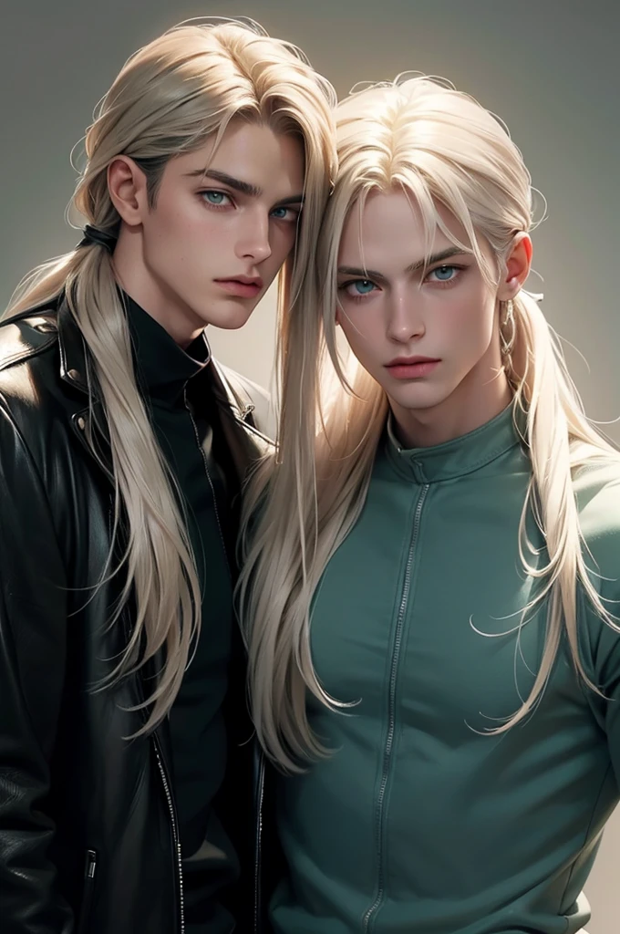 2 men, standing facing each other. A tall, handsome, statuesque, courageous young man is platinum blond, he has tanned skin, long straight platinum hair, blue eyes, he is dressed in an suit, he is facing another young man, he has long straight platinum hair, long bangs, green eyes, he is dressed in a leather jacket, jeans. Masterpiece, detailed study of the face, beautiful face, beautiful  features, perfect image, realistic shots, detailed study of faces, full-length image, 8k, detailed image. an extremely detailed illustration, a real masterpiece of the highest quality, with careful drawing. grey hair, green eyes, long hair, low ponytail