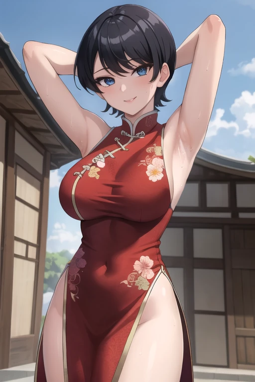 ((best quality)),((highly detailed)),masterpiece,absurdres,detailed face,beautiful face,(detailed eyes, deep eyes),1girl,((dynamic pose)), komi shuuko, black hair, short hair, solo, bow, large breasts, cowboy shot, chinese town, outdoors, seductive smile, looking at viewer, wearing red chinese dress, put your hands behind your head, armpits, armpits visible, sweaty armpits,