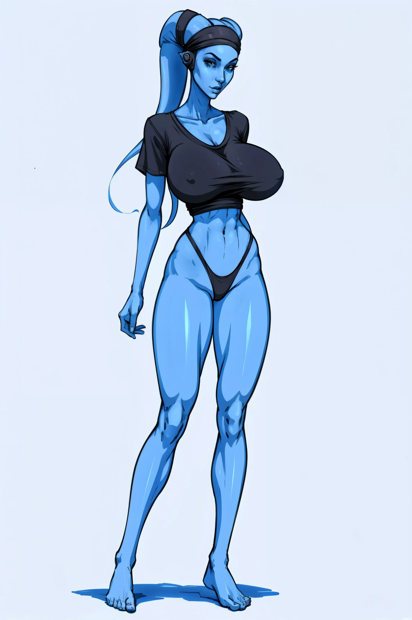 Tall, (thin), Blue Skin Twi'lek with (huge breasts) wearing an oversized t-shirt, panties, huge breasts, tall, graceful, (tall), slim hips, small waist, full-body shot