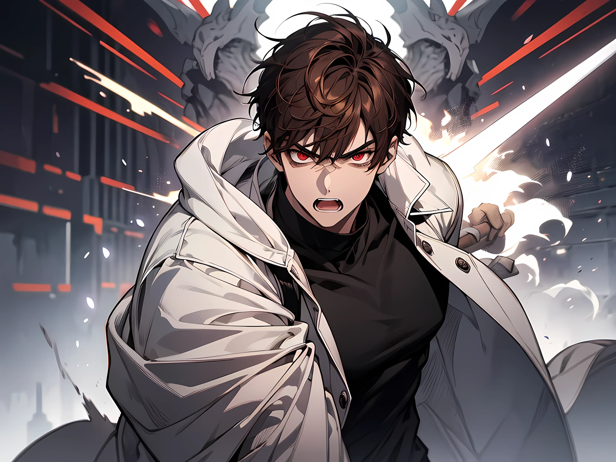 ung man, wearing black tshirt and white coat, holding a bone sword on his hand fighting a monster, brown hair, short hair, face to detail, red eye colors, detailed eyes, angry facial expression, open mouth, station Background, Extremely detailed, detailed eyes, extremely detailed eyes, detailed face, half body