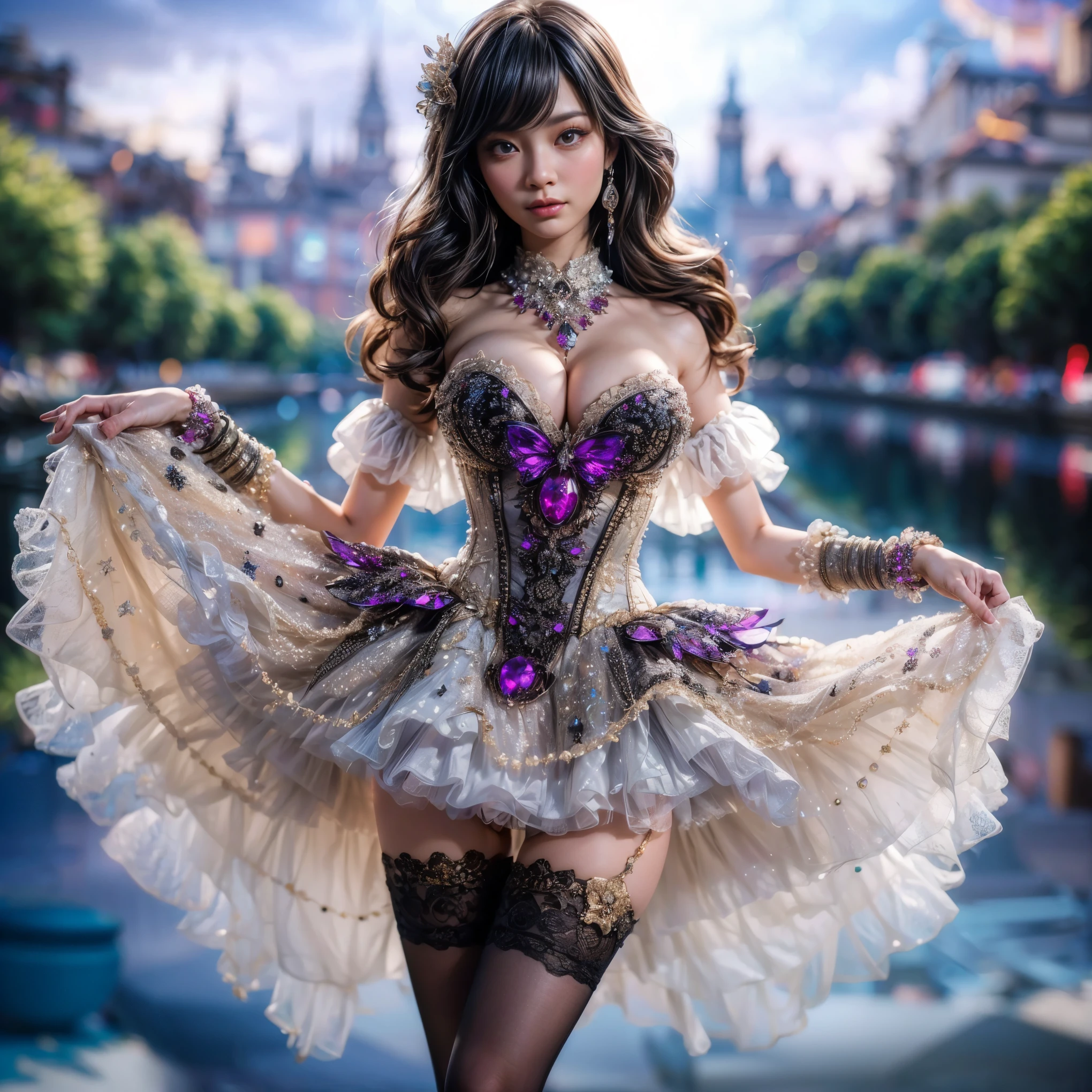 An asian woman with loose hair, standing on the stairs in the middle of a magical atmosphere, with a predominantly blue and red costume, a strapless corset-style dress decorated with bright purple jewels, a short tutu skirt, black thigh-high stockings with lace tops and ornaments purple jewels, white high heels with gold decoration, grand staircase background under mysterious sky full of stars and celestial bodies, crystal detailed, hyper realistic, hyper detail Transparent clothing, Detailed gemstones, masterpiece, best quality:1.2),,(8k,highres,RAW photo,realistic,photo-realistic:1.3),(detailed skin texture,detailed cloth texture, beautiful detailed face:1.25),professional lighting,photon mapping,beautiful soft light,radiosity,physically-based rendering,raytracing, model shoot style, model shoot style, (extremely detailed CG unity 8k wallpaper), full shot body photo of the most beautiful artwork in the world (NSFW), (Nude), (Naked), (Nipple) (pussy) (small pussy) (exposed pussy) 